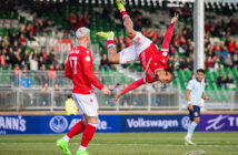 Cavalry FC's Caniggia Elva celebrates scoring against Edmonton Scottish in the Canadian Championship.