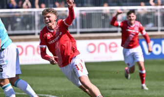 Mihail Gherasimencov of Cavalry FC celebrates his first half goal. CFC Media\ Mike Sturk