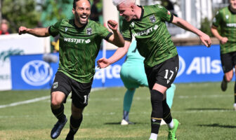 Cavalry FC 's Sergio Camargo, left, celebrates scoring agains Valour FC at ATCO Field in Calgary Sunday, May 25, 2025.
