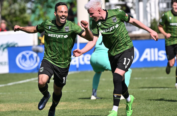 Cavalry FC 's Sergio Camargo, left, celebrates scoring agains Valour FC at ATCO Field in Calgary Sunday, May 25, 2025.
