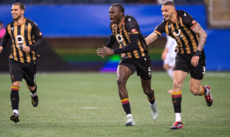 Valour FC celebrates scoring against York United in Canadian Premier League action. Photo courtesy Canadian Premier League