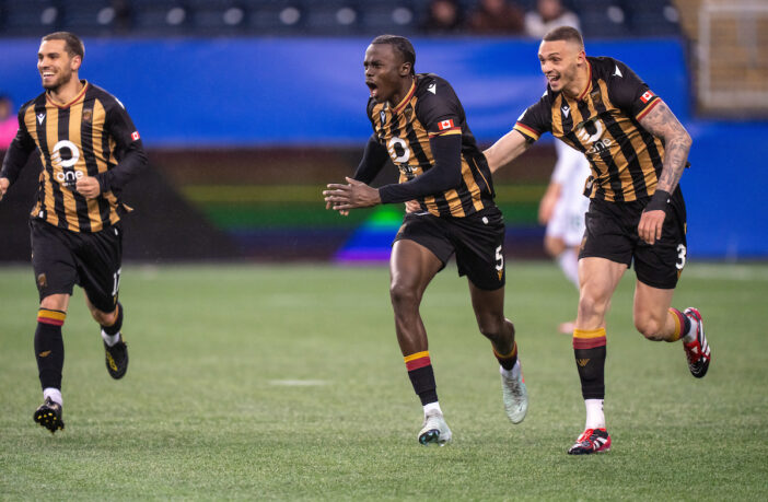 Valour FC celebrates scoring against York United in Canadian Premier League action. Photo courtesy Canadian Premier League