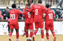 Cavalry FC celebrates a goal against Atlético Ottawa in Canadian Premier League action at ATCO Field in Calgary Sunday, April 12, 2026. Photo: Stuart Gradon/Canadian Premier League