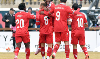 Cavalry FC celebrates a goal against Atlético Ottawa in Canadian Premier League action at ATCO Field in Calgary Sunday, April 12, 2026. Photo: Stuart Gradon/Canadian Premier League