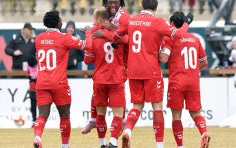 Cavalry FC celebrates a goal against Atlético Ottawa in Canadian Premier League action at ATCO Field in Calgary Sunday, April 12, 2026. Photo: Stuart Gradon/Canadian Premier League