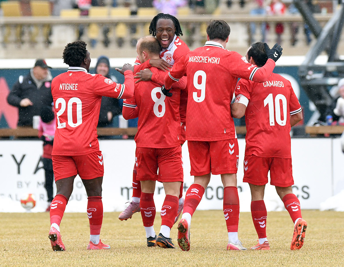 Cavalry FC celebrates a goal against Atlético Ottawa in Canadian Premier League action at ATCO Field in Calgary Sunday, April 12, 2026. Photo: Stuart Gradon/Canadian Premier League