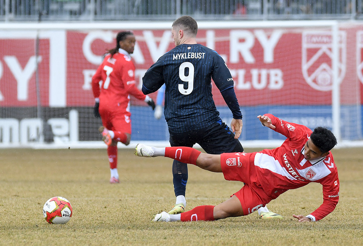 Cavalry FC celebrates a goal against Atlético Ottawa in Canadian Premier League action at ATCO Field in Calgary Sunday, April 12, 2026. Photo: Stuart Gradon/Canadian Premier League