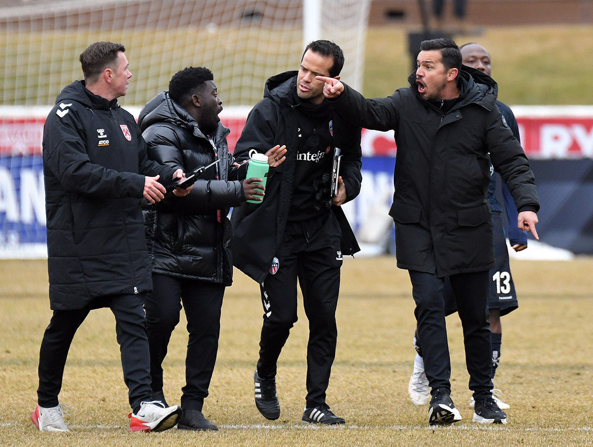 Cavalry FC celebrates a goal against Atlético Ottawa in Canadian Premier League action at ATCO Field in Calgary Sunday, April 12, 2026. Photo: Stuart Gradon/Canadian Premier League