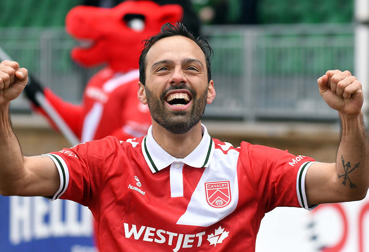 Cavalry FC celebrates a goal against Atlético Ottawa in Canadian Premier League action at ATCO Field in Calgary Sunday, April 12, 2026. Photo: Stuart Gradon/Canadian Premier League